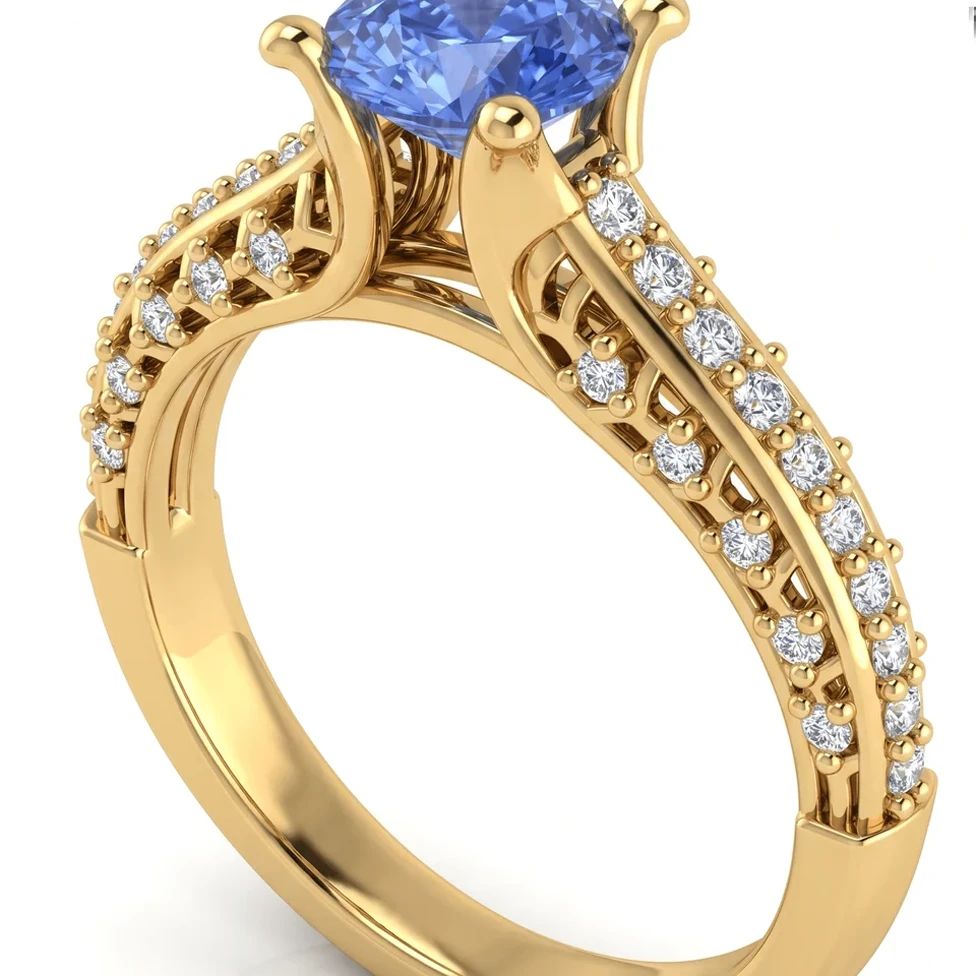 Sapphire engagement ring: CAD model and photorealistic AI render