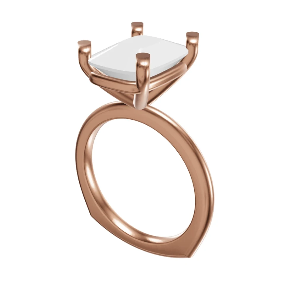 Rose gold cushion-cut solitaire: Rhino 3D view and photorealistic AI render