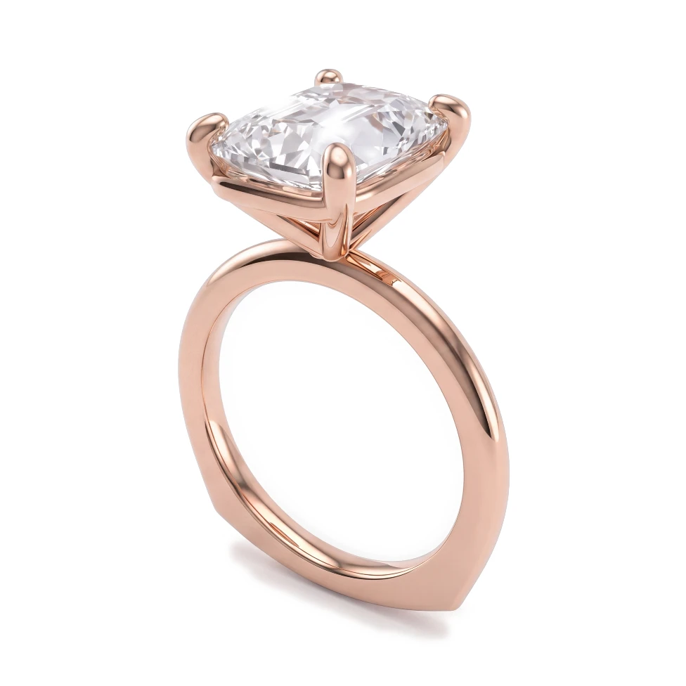 Rose gold cushion-cut solitaire: Rhino 3D view and photorealistic AI render